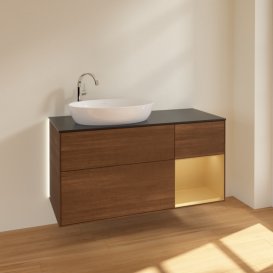 Тумба под раковину Villeroy & Boch Finion 120х50,1 см с подсветкой МДФ шпон грецкого ореха/стекло черное матовое G932HFGN