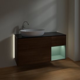 Тумба під раковину Villeroy & Boch Finion 120х50,1 см з підсвічуванням МДФ шпон волоського горіха/скло чорне матове G932GMGN