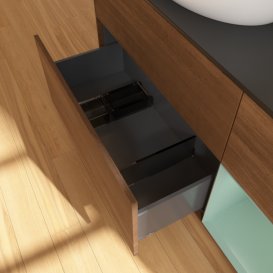 Тумба під раковину Villeroy & Boch Finion 120х50,1 см з підсвічуванням МДФ шпон волоського горіха/скло чорне матове G932GMGN