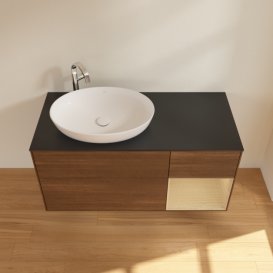 Тумба під раковину Villeroy & Boch Finion 120х50,1 см з підсвічуванням МДФ шпон волоського горіха/скло чорне матове G932PCGN