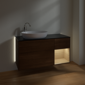 Тумба під раковину Villeroy & Boch Finion 120х50,1 см з підсвічуванням МДФ шпон волоського горіха/скло чорне матове G932PCGN