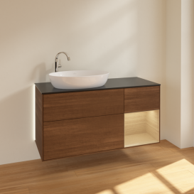 Тумба під раковину Villeroy & Boch Finion 120х50,1 см з підсвічуванням МДФ шпон волоського горіха/скло чорне матове G932PCGN