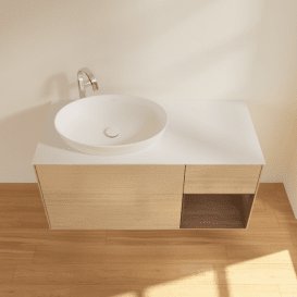 Тумба під раковину Villeroy & Boch Finion 120х50,1 см з підсвічуванням МДФ шпон дуба/скло біле матове G931GNPC