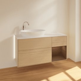 Тумба під раковину Villeroy & Boch Finion 120х50,1 см з підсвічуванням МДФ шпон дуба/скло біле матове G931GNPC