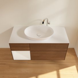 Тумба під раковину Villeroy & Boch Finion 120х50,1 см із підсвічуванням МДФ шпон волоського горіха/скло біле матове G941GFGN