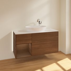 Тумба под раковину Villeroy & Boch Finion 120х50,1 см с подсветкой МДФ шпон грецкого ореха/стекло белое матовое G941GNGN