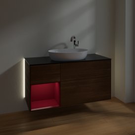 Тумба під раковину Villeroy & Boch Finion 120х50,1 см з підсвічуванням МДФ шпон волоського горіха/скло чорне матове G942HBGN