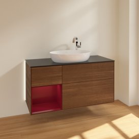 Тумба под раковину Villeroy & Boch Finion 120х50,1 см с подсветкой МДФ шпон грецкого ореха/стекло черное матовое G942HBGN