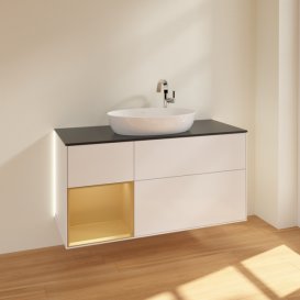 Тумба под раковину Villeroy & Boch Finion 120х50,1 см с подсветкой МДФ глянцевый белый лак/стекло черное матовое G942HFGF