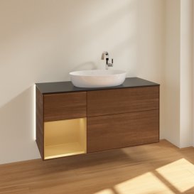 Тумба под раковину Villeroy & Boch Finion 120х50,1 см с подсветкой МДФ шпон грецкого ореха/стекло черное матовое G942HFGN