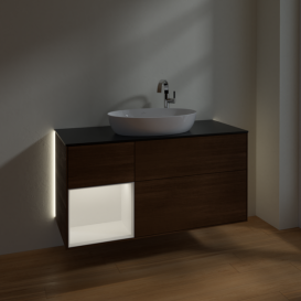 Тумба під раковину Villeroy & Boch Finion 120х50,1 см з підсвічуванням МДФ шпон волоського горіха/скло чорне матове G942MTGN