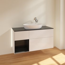 Тумба під раковину Villeroy & Boch Finion 120х50,1 см з підсвіткою МДФ білий глянцевий лак/скло чорне матове G942PDGF