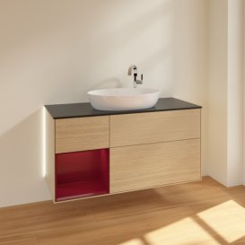 Тумба під раковину Villeroy & Boch Finion 120х50,1 см з підсвічуванням МДФ шпон дуба/скло чорне матове G942HBPC