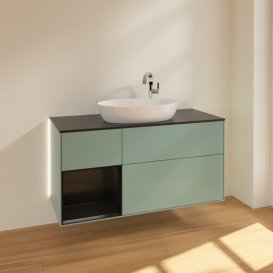 Тумба під раковину Villeroy & Boch Finion 120х50,1 см із підсвічуванням МДФ оливковий матовий лак/скло чорне матове G942PDGM