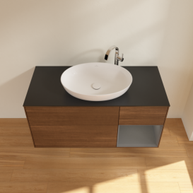 Тумба під раковину Villeroy & Boch Finion 120х50,1 см з підсвічуванням МДФ шпон волоського горіха/скло чорне матове F952GKGN