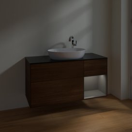 Тумба під раковину Villeroy & Boch Finion 120х50,1 см з підсвічуванням МДФ шпон волоського горіха/скло чорне матове F952GKGN