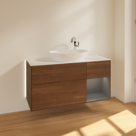 Тумба под раковину Villeroy & Boch Finion 120х50,1 см с подсветкой МДФ шпон грецкого ореха/стекло белое матовое G951GKGN