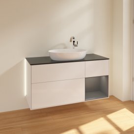 Тумба під раковину Villeroy & Boch Finion 120х50,1 см з підсвіткою МДФ білий глянцевий лак/скло чорне матове G952GKGF