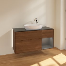 Тумба под раковину Villeroy & Boch Finion 120х50,1 см с подсветкой МДФ шпон грецкого ореха/стекло черное матовое G952GKGN