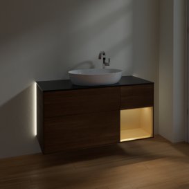 Тумба під раковину Villeroy & Boch Finion 120х50,1 см з підсвічуванням МДФ шпон волоського горіха/скло чорне матове G952HFGN