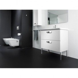 Тумба подвесная с двумя ящиками МДФ 60х44 белый глянец с раковиной для ванной Roca Gap керамика белый с сифоном A855997806