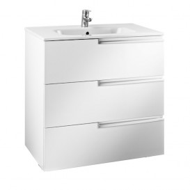Тумба підвісна з трьома ящиками МДФ 80х46 білий глянець з раковиною для ванної Roca Victoria-N кераміка білий A855837806
