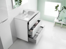 Тумба підвісна з трьома ящиками МДФ 80х46 білий глянець з раковиною для ванної Roca Victoria-N кераміка білий A855837806