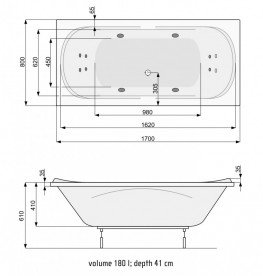 Ванна аэро- и гидромассажная акриловая прямоугольная PoolSpa Gemini 170х80 система Economy 2 белый PHPD810SO2C0000
