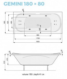 Ванна аэро- и гидромассажная акриловая прямоугольная PoolSpa Gemini 180х80 система Titanium белый PHPD910STTC0000