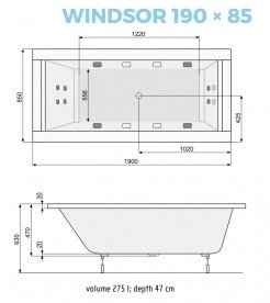 Ванна аеро- та гідромасажна акрилова прямокутна PoolSpa Windsor 190х85 система Smart 2 білий PHPNN10ST2C0000