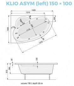 Ванна аэро- и гидромассажная акриловая PoolSpa Klio Asym 150х100 L левая система Titanium белый PHAC210STTC0000