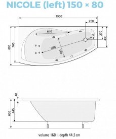 Ванна аэро- и гидромассажная акриловая PoolSpa Nicole 150х80 L левая система Smart 2 белый PHAOC10ST2C0000