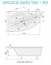 Ванна аэро- и гидромассажная акриловая PoolSpa Nicole 150х80 L левая система Titanium белый PHANM10STTC0000