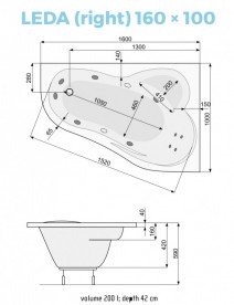 Ванна аэро- и гидромассажная акриловая PoolSpa Leda 160х100 R права система Economy 2 белый PHAH510SO2C0000