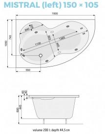 Ванна аэро- и гидромассажная акриловая PoolSpa Mistral 150х105 L левая система Economy 2 белый PHA3Z10SO2C0000