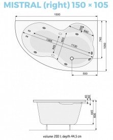 Ванна аеро- та гідромасажна акрилова PoolSpa Mistral 150х105 R права система Economy 2 білий PHA6C10SO2C0000