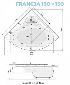 Ванна аеро- та гідромасажна акрилова PoolSpa Francja 150х150 система Smart 2 + білий PHS3410ST2C1960