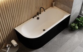 Ванна акриловая Besco Avita A-Line правая 160х75 см с матовым черным сифоном глянцевый черный/глянцевый белый #WAA-16ABPCN