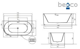 Ванна акриловая Besco Denaya 170х78 см правосторонняя с сифоном клик-клак хром глянцевый белый #WAS-170-DPC