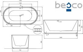Ванна акриловая Besco Giuliana 170х80 см с сифоном клик-клак хром глянцевый белый #WAS-170-GL