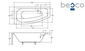 Ванна акриловая Besco Luna 150х80 см левосторонняя глянцевый белый #WAL-150-NL
