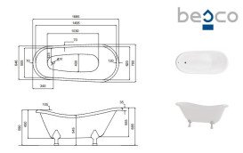 Ванна акриловая Besco Otylia 170х77 см черныйглянцевый/белый глянцевый/ножки хром #WKO-170-BWC