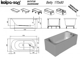 Ванна акриловая Kolpa San Betty 170х80 см/О с комбинированной (воздух+вода) массажной системой и панелью белый 513770