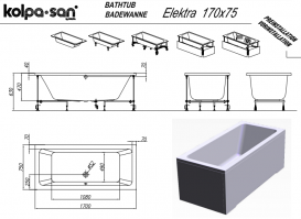 Ванна акрилова Kolpa San Elektra 170х75 см/О із системою водного масажу та панеллю білий 931450