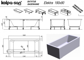 Ванна акрилова Kolpa San Elektra 190х90 см/О з масажною системою VITAL та білий панеллю 703470