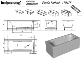 Ванна акриловая Kolpa San Evelin 170х75 см/О с системой водного массажа и панелью белый 576480