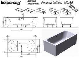 Ванна акриловая Kolpa San Pandora 180х85 см/О с комбинированной (воздух+вода) массажной системой и панелью белый 577030