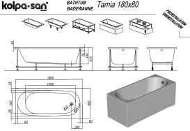 Ванна акриловая Kolpa San Tamia 180х80 см/О с системой водного массажа и панелью белый 927550
