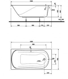 Ванна акриловая прямоугольная Kolo коллекция Comfort 150х75х44 + Ножки SN7 + Сифон Geberit XWP305000G