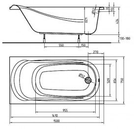 Ванна акрилова прямокутна Kolo Saga 150х75 з ніжками і елементами кріплення XWP3850000